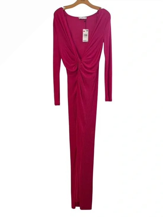 Mango Pink Deep V Twist Front Maxi Long Sleeve Bodycon Slit Dress - Picture 6 of 8